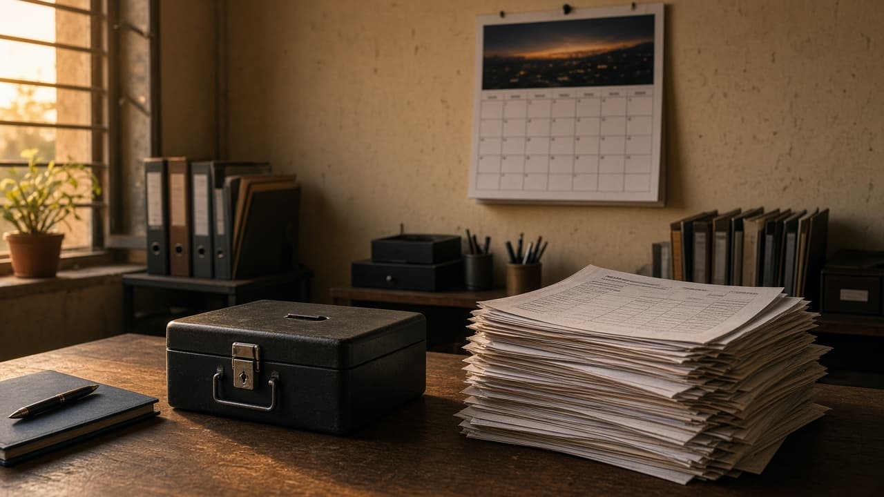 Cash box and unpaid invoices behind small-business cash flow