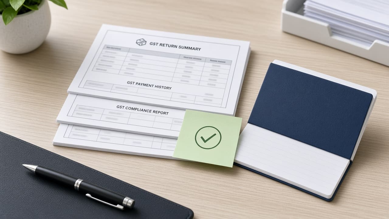 GST printouts aligned with a bank passbook for loan eligibility