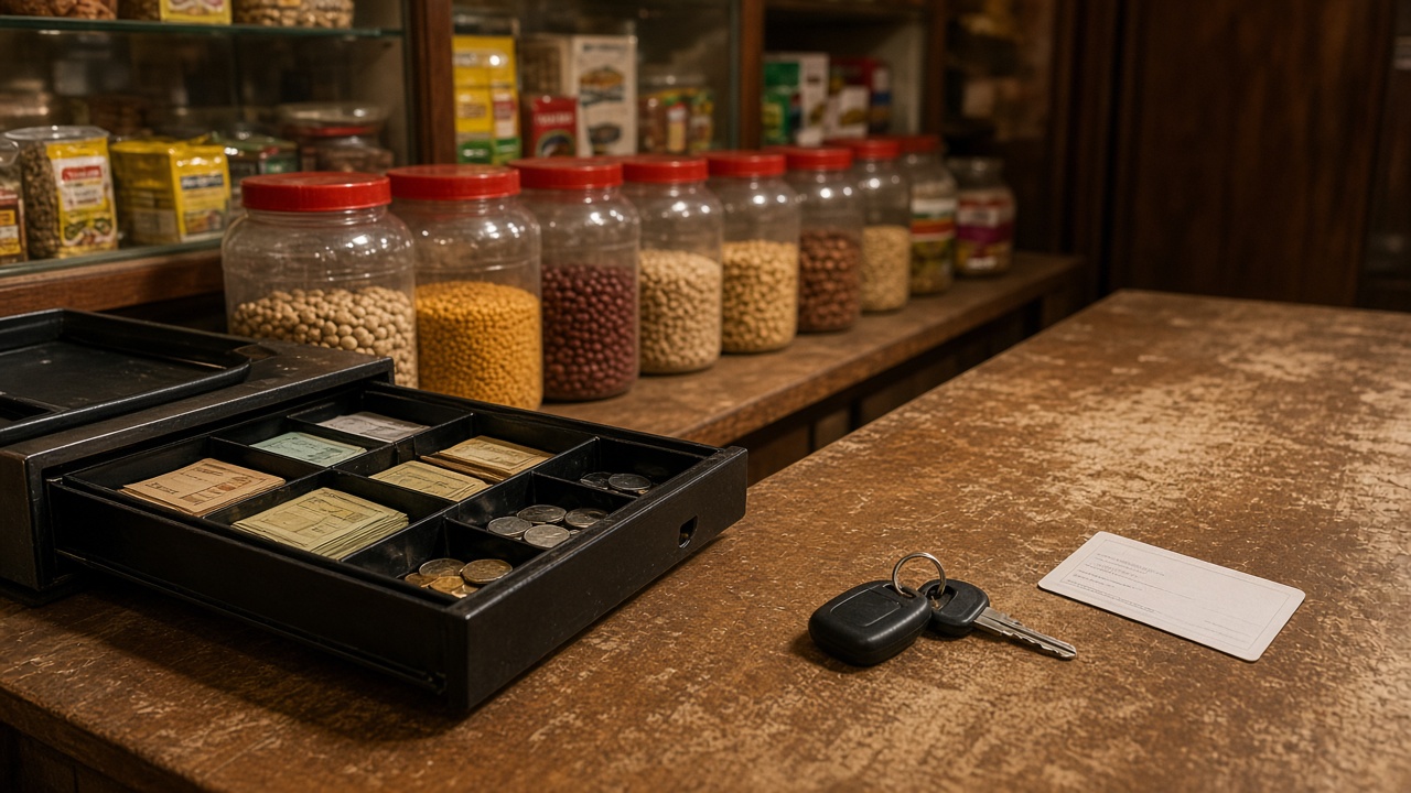 Shop till kept separate from a personal-loan key on the counter